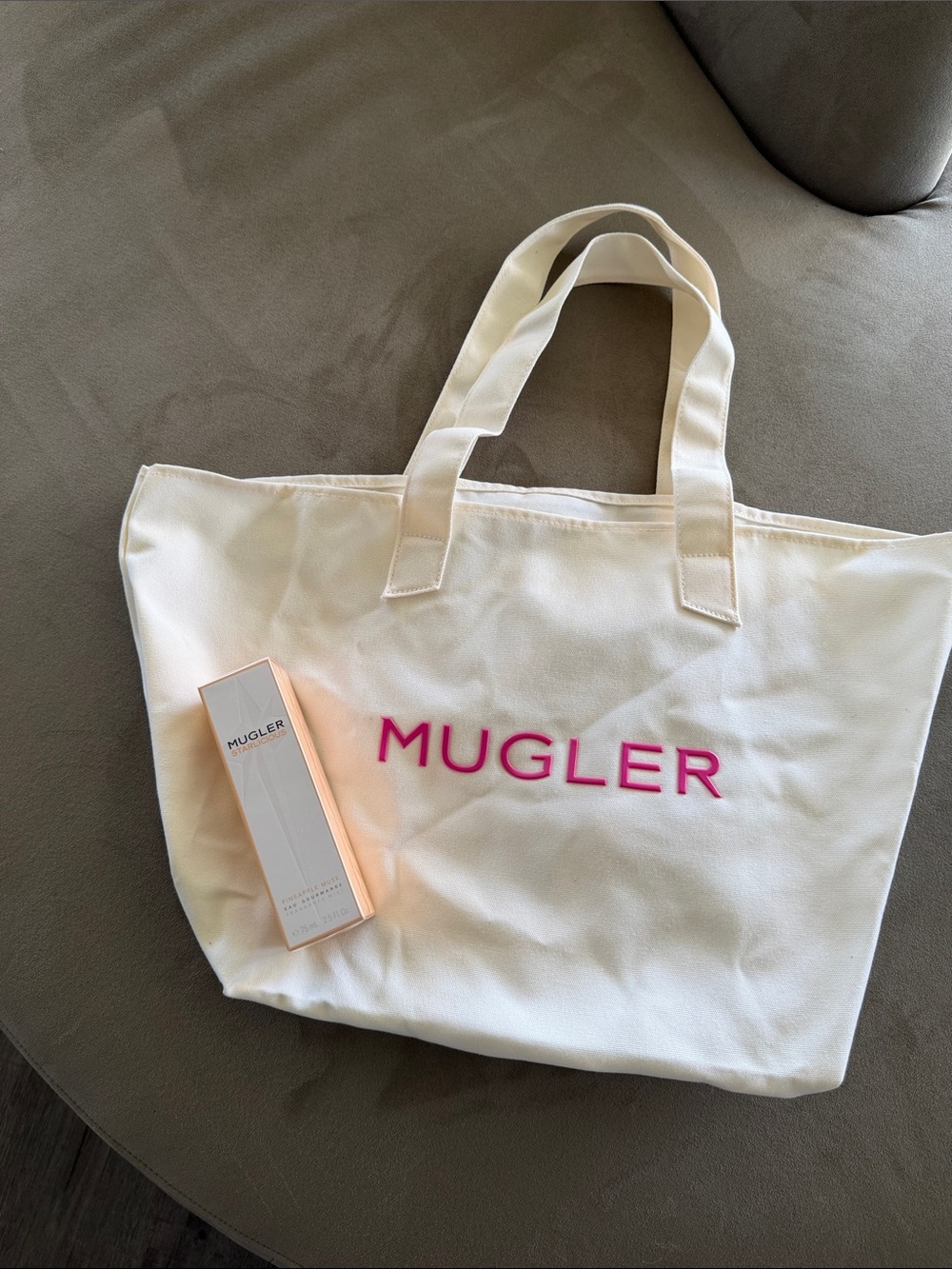 Mugler Cream Canvas Tote & Perfume